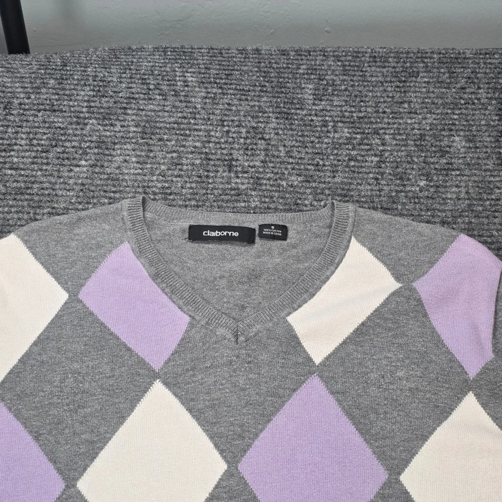 Claiborne Argyle V-Neck Sweater Men's Size Small‎ Gray Purple White 100% Cotton
